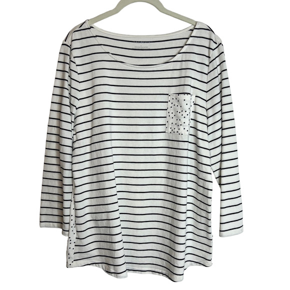 Talbots Womens Knit Top Large White Striped Polka Dot 100% Cotton 3/4 Sleeve - Picture 1 of 5